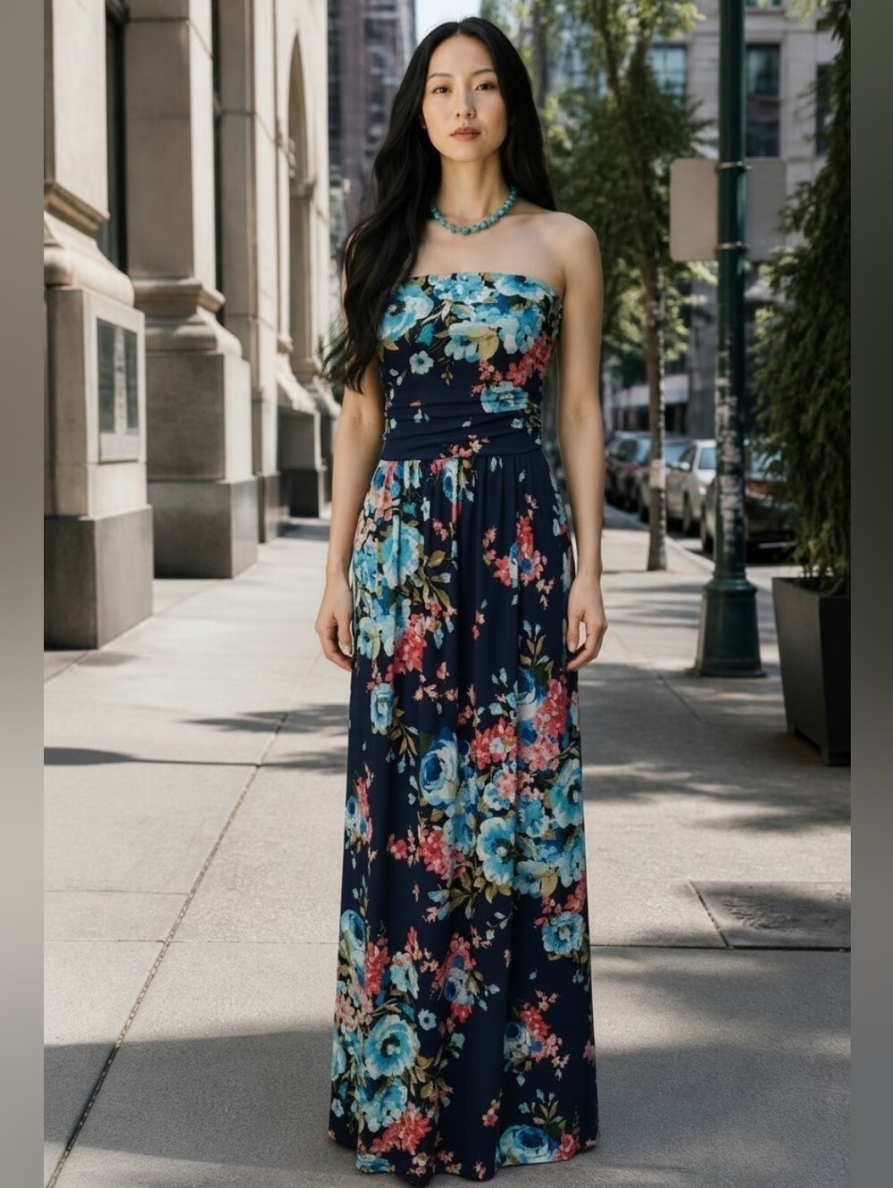Vanilla bay strapless maxi floral dress pockets